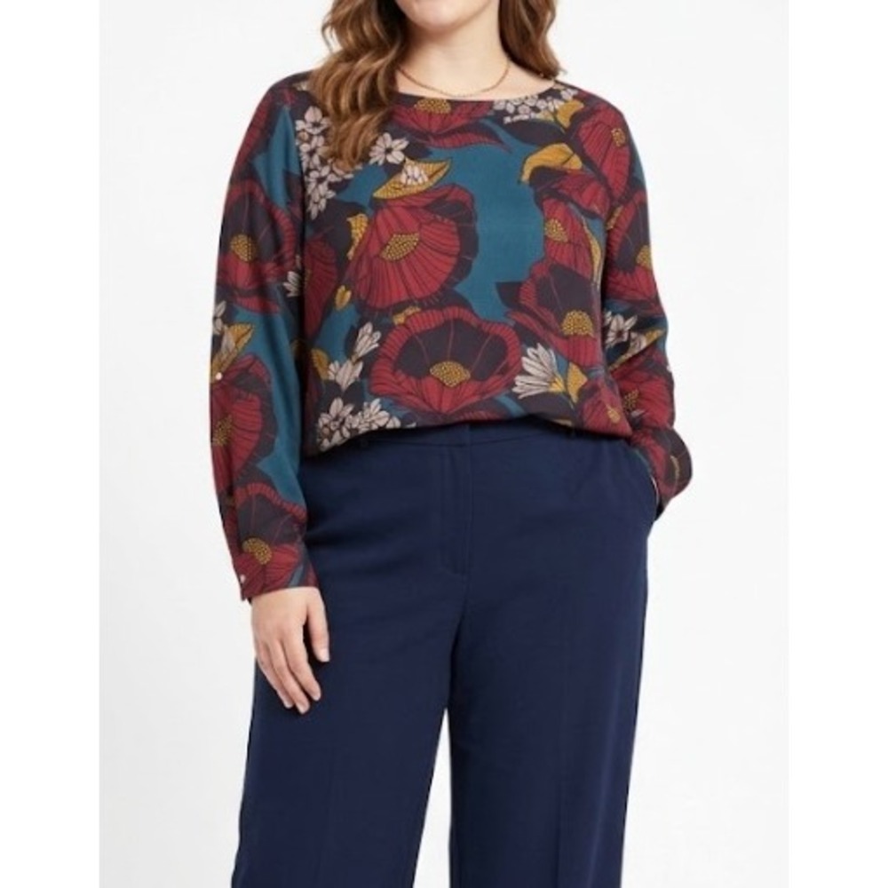 LOFT Blouse XL Multi Floral Long Sleeve Feminine Boat Neck Top Office Career